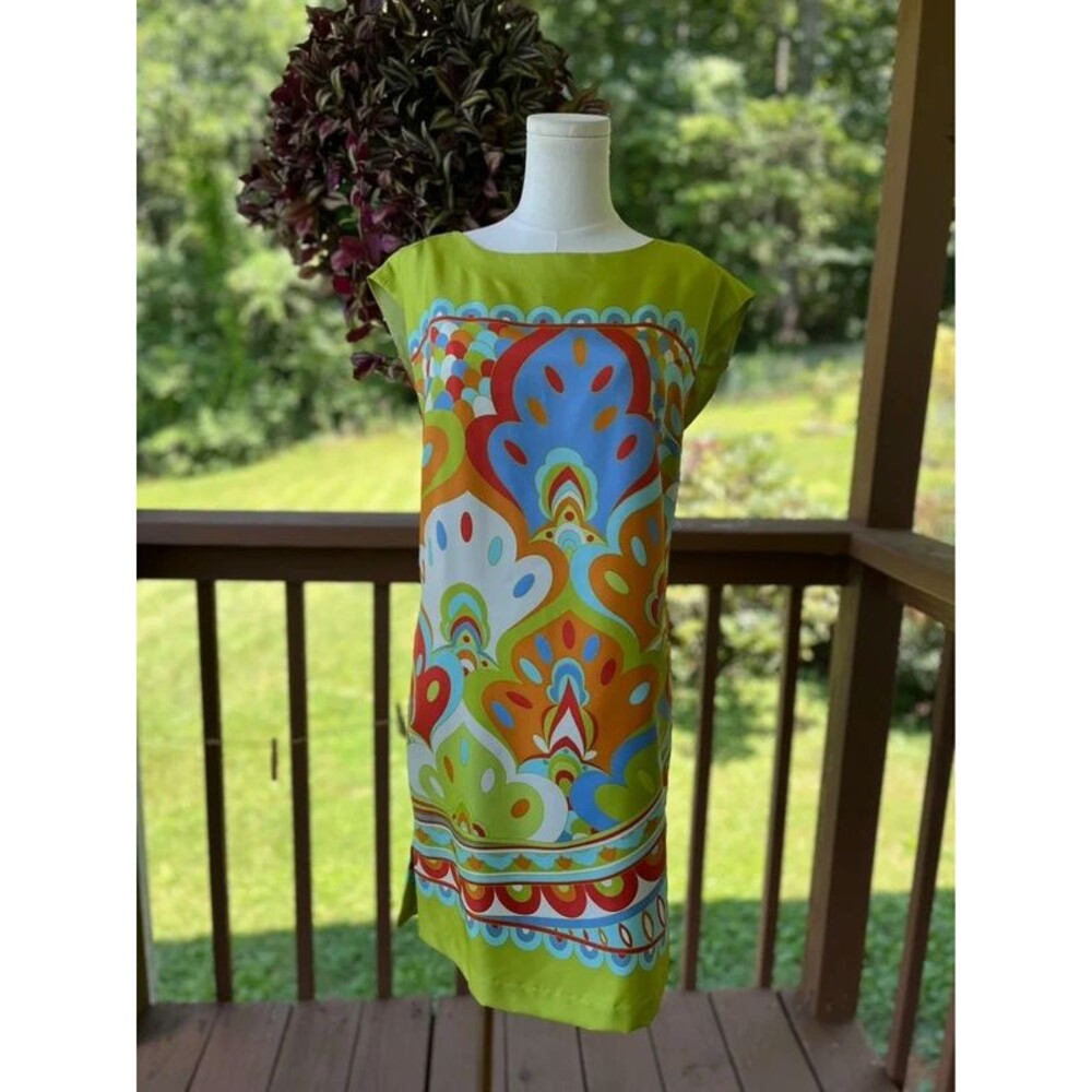 J. McLaughlin XS Lime Green Retro Print Shift Dress | Cap Sleeve Resort Mod